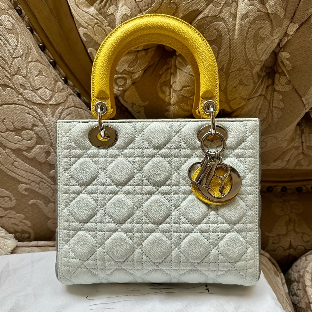 Christian Dior Lady Dior Medium Caviar Calfskin Yellow/Baby Blue/Grey NWOT RARE - Picture 5 of 9